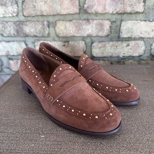 Vince Camuto Camdyn Brown Suede Penny Loafers with Gold Studs